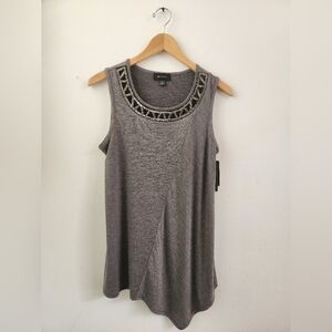 AB Studio Women's Asymmetrical Tank Top Beaded Neckline Flowy Gray Medium NWT